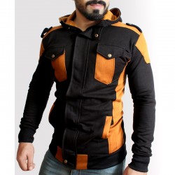 Brown Black Contrast Flap Pocket Style Fleece Hoodie